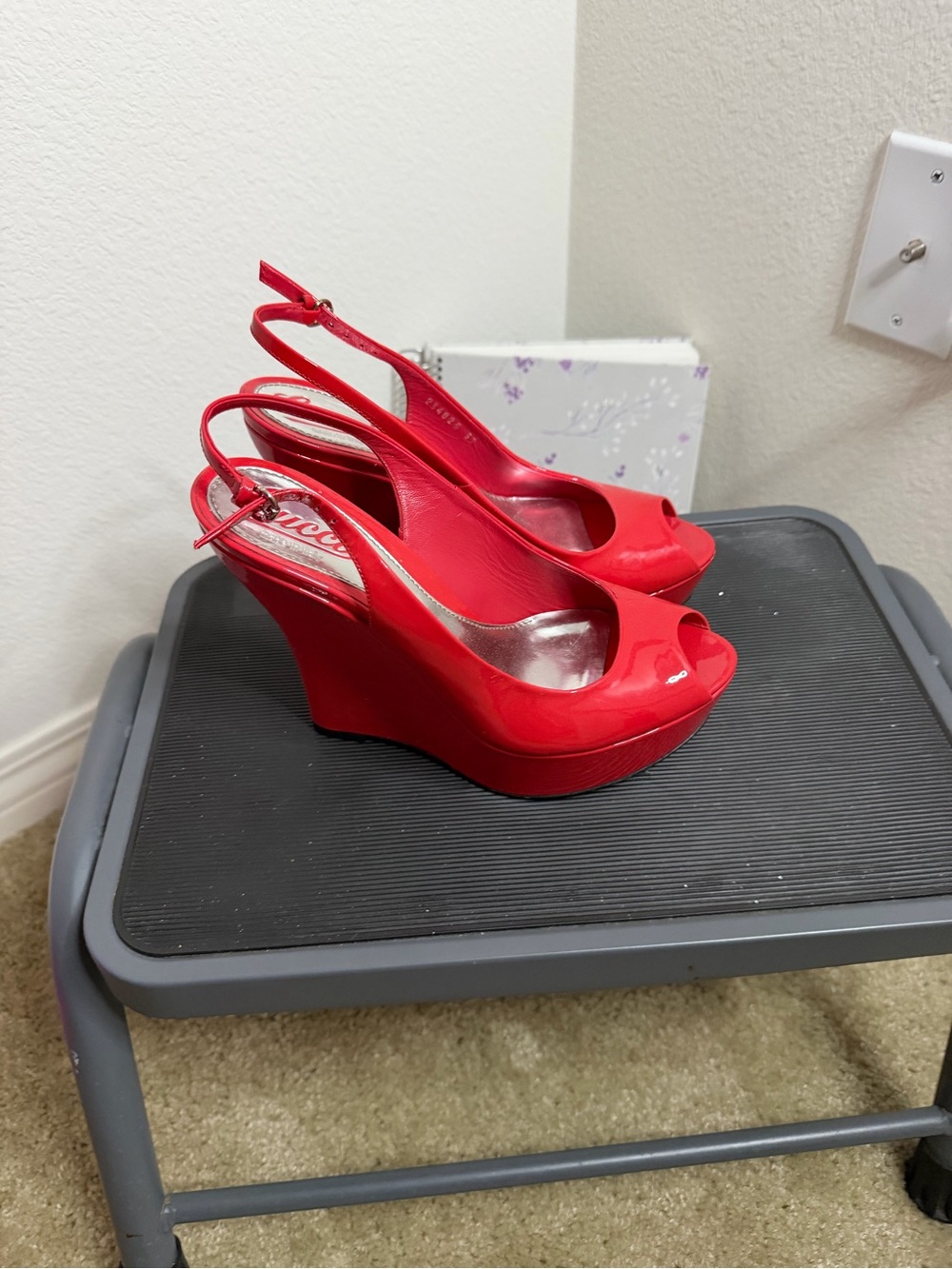Gucci Red Patent Peep-Toe Slingback Wedge Heels